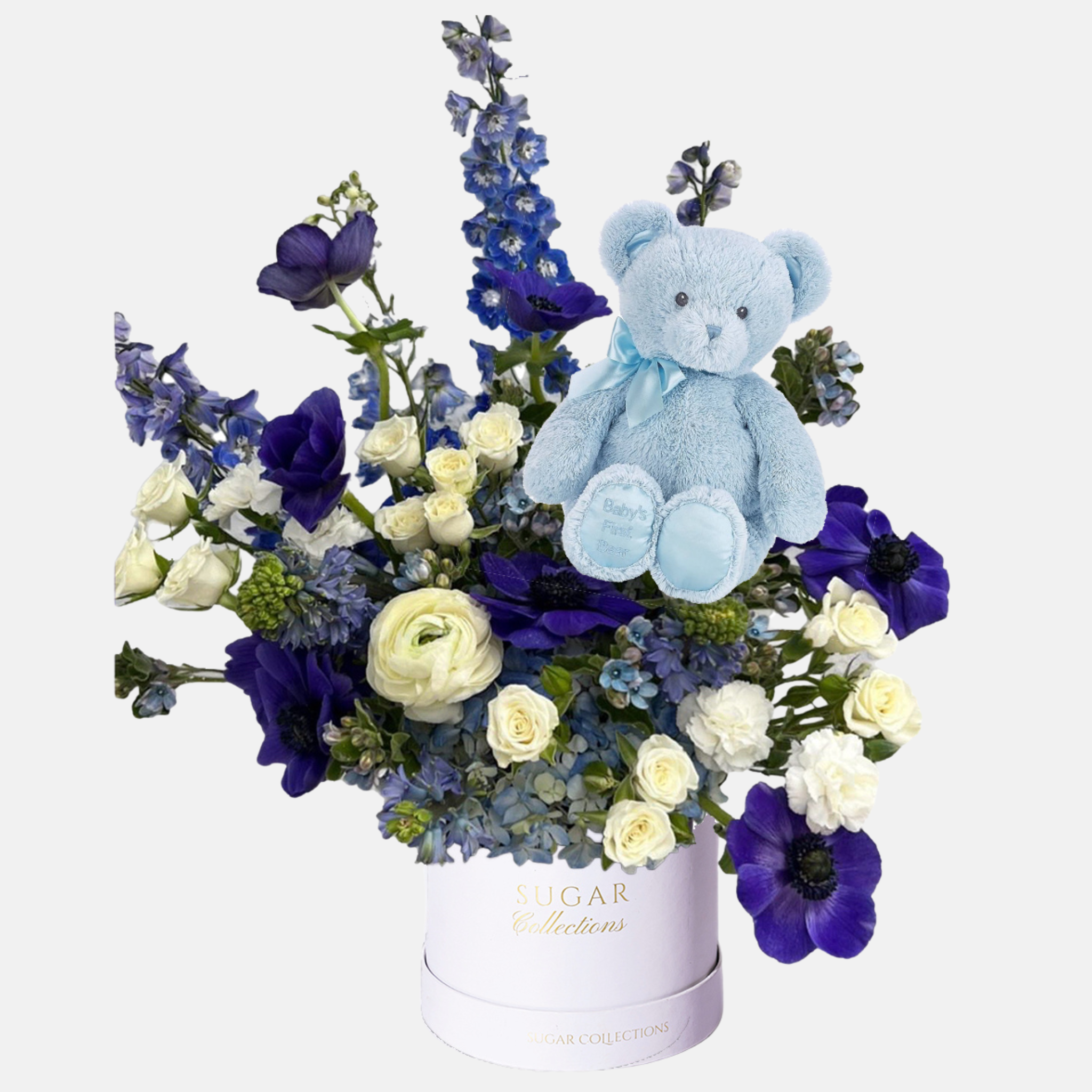 New Baby Mixed Flower Box - Luxury Blue Bear