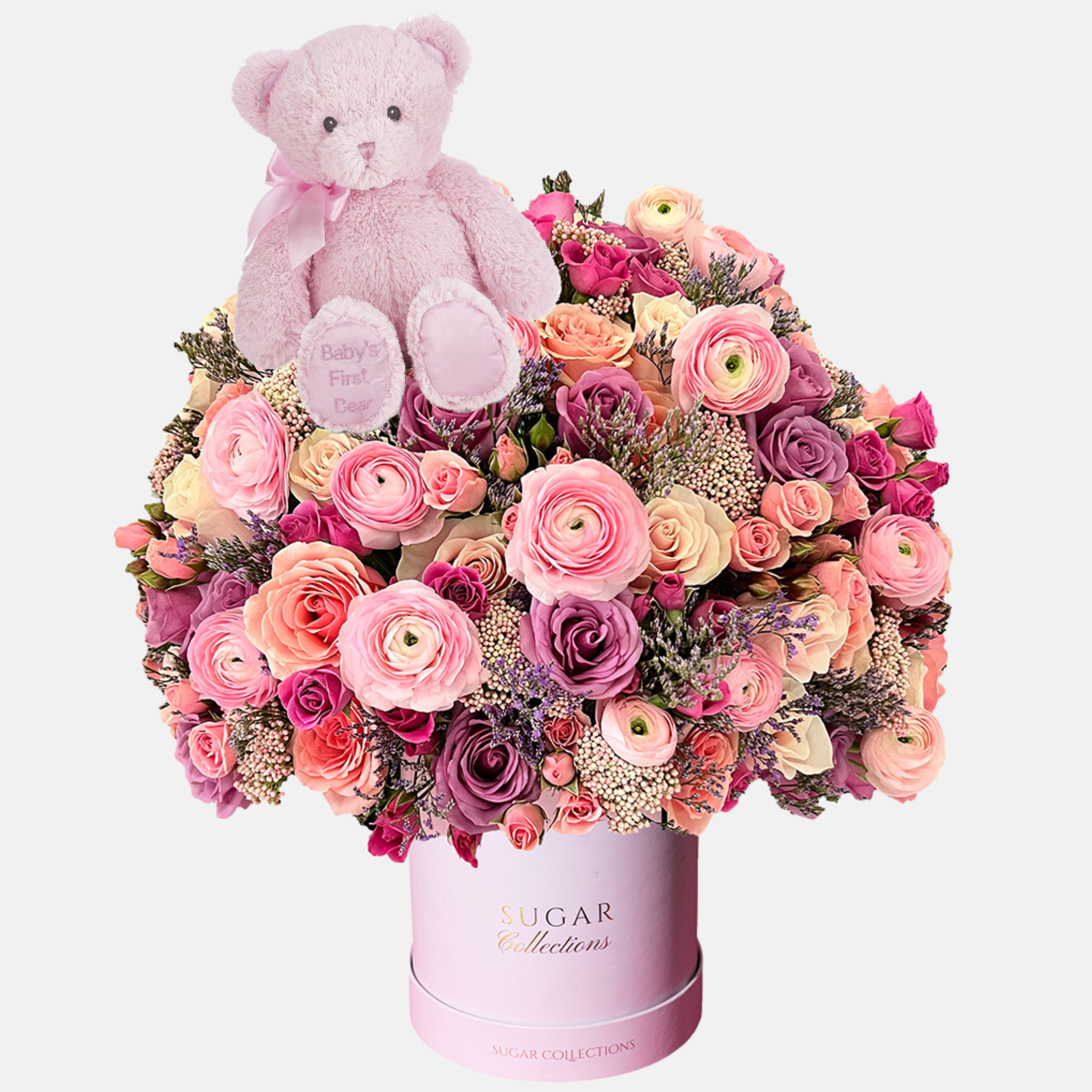 New Baby Mixed Flower Box - Luxury Pink Bear