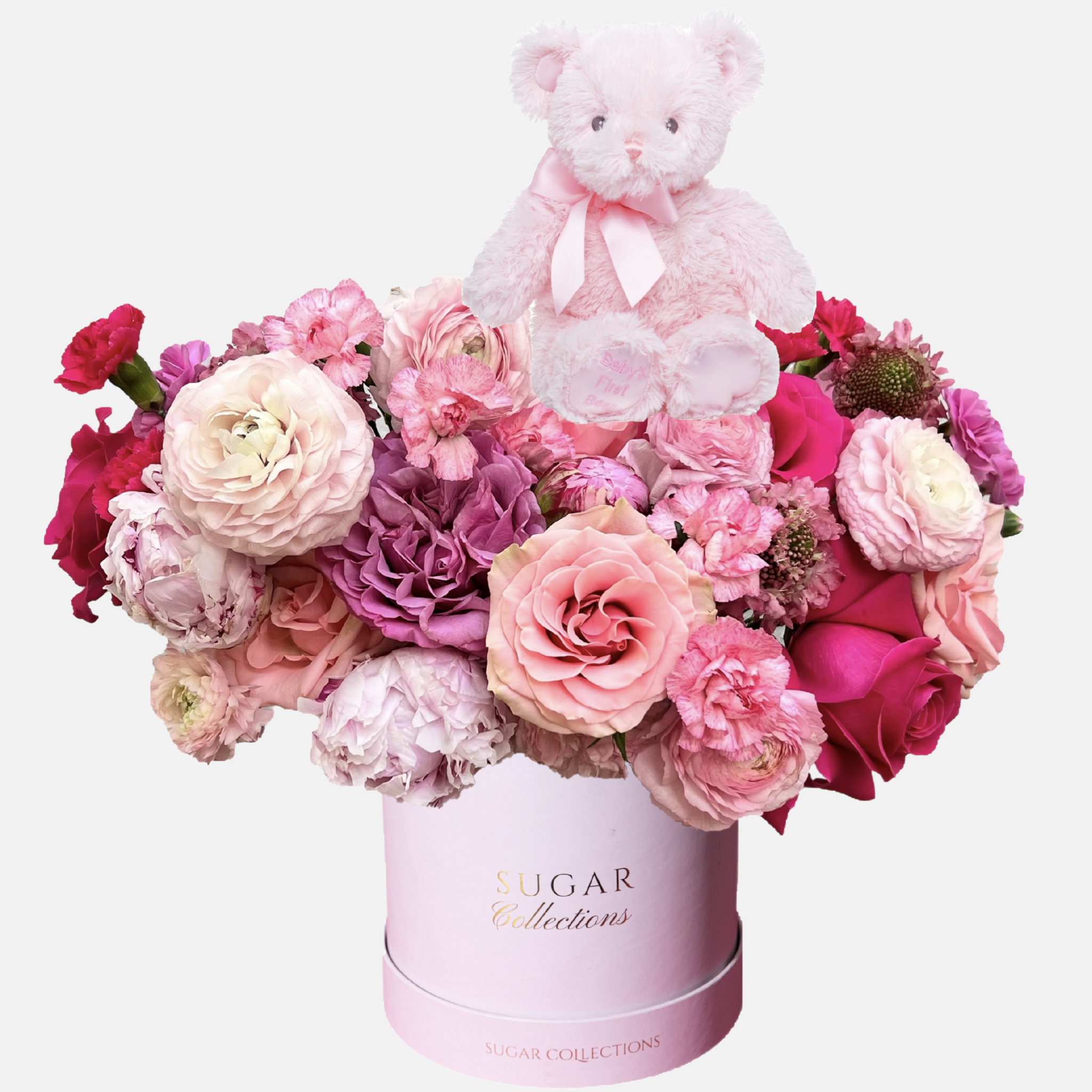 New Baby Mixed Flower Box - Classic Pink Bear