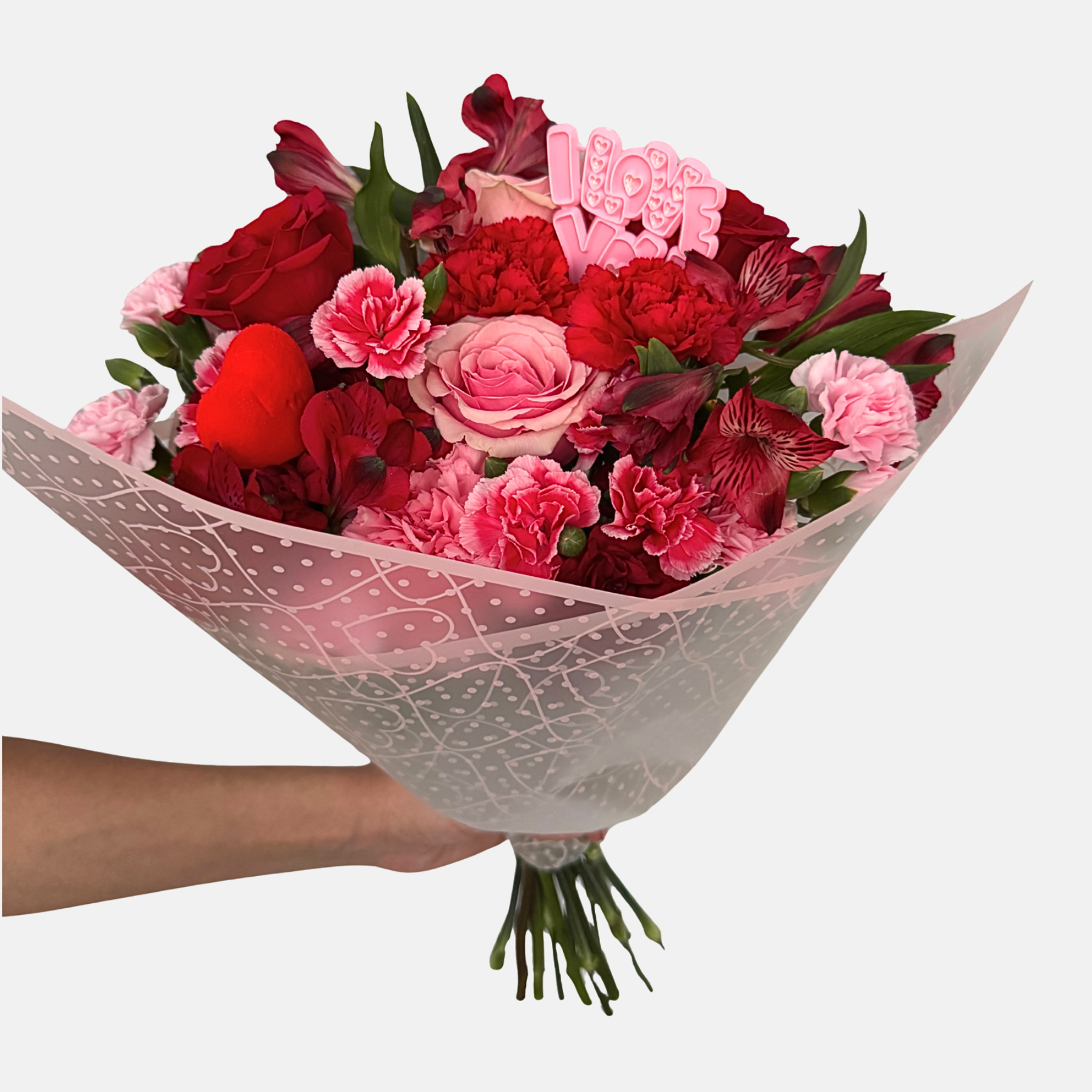 Valentine's Mixed Flowers Bouquet - Romance in Pink Heart Paper