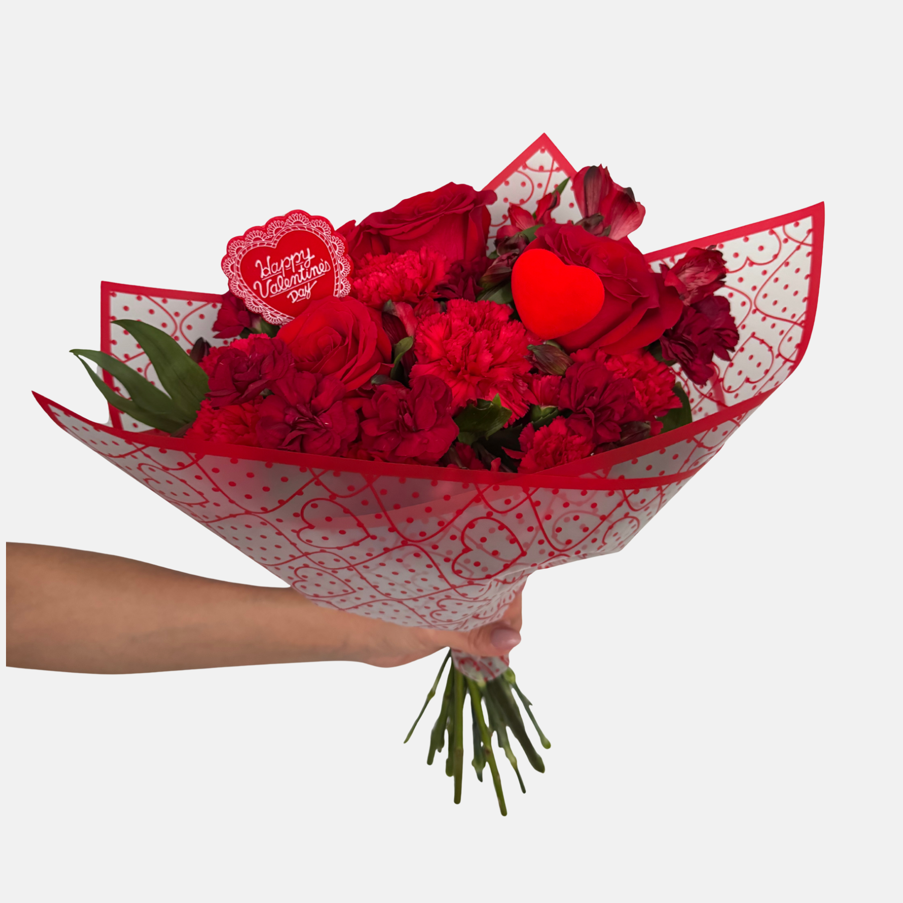 Valentine's Mixed Flowers Bouquet - Classic Red in Red Heart Paper