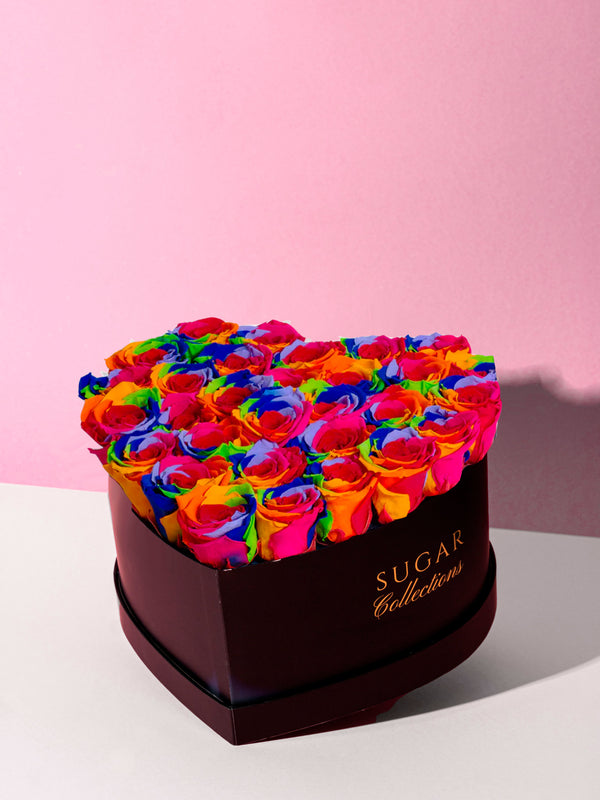 Rainbow Black heart-shaped box with fresh roses
