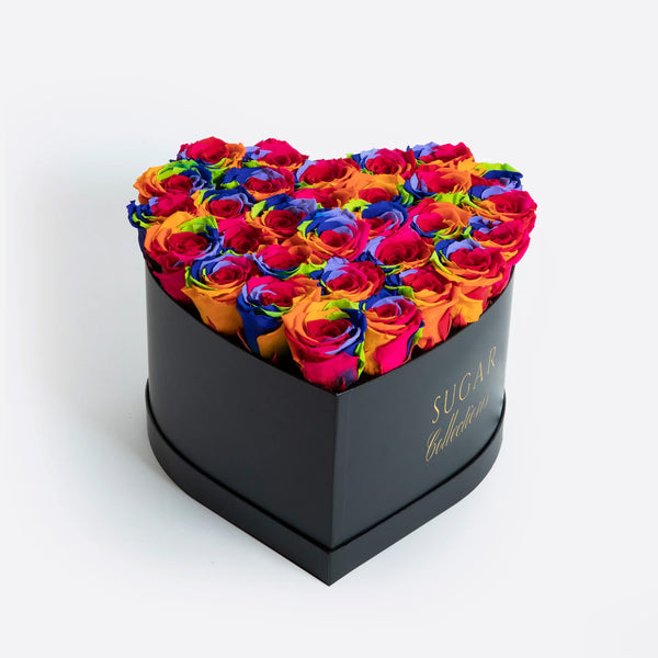 Rainbow Black heart-shaped box with preserved roses