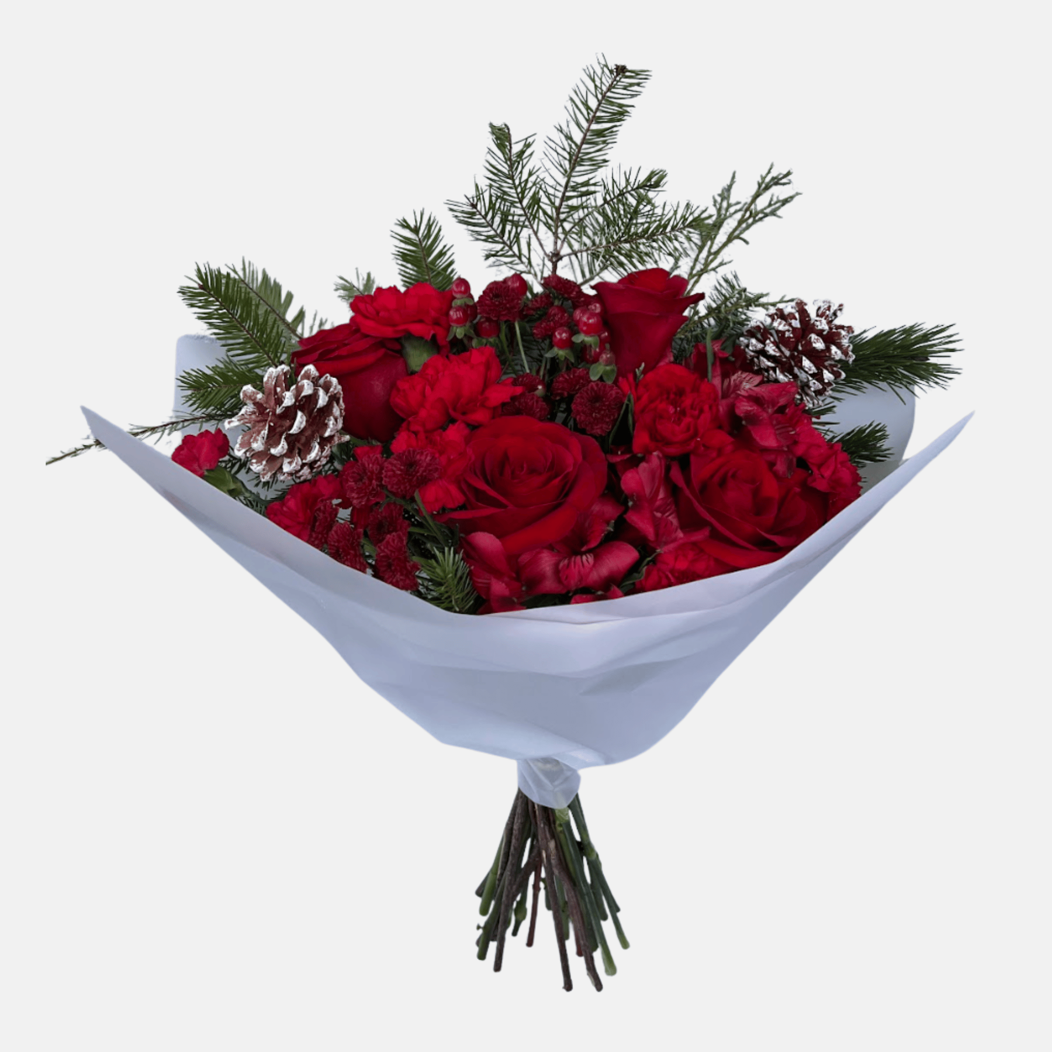 Holiday Mixed Flowers Bouquet - Christmas Red in White Luxury Paper