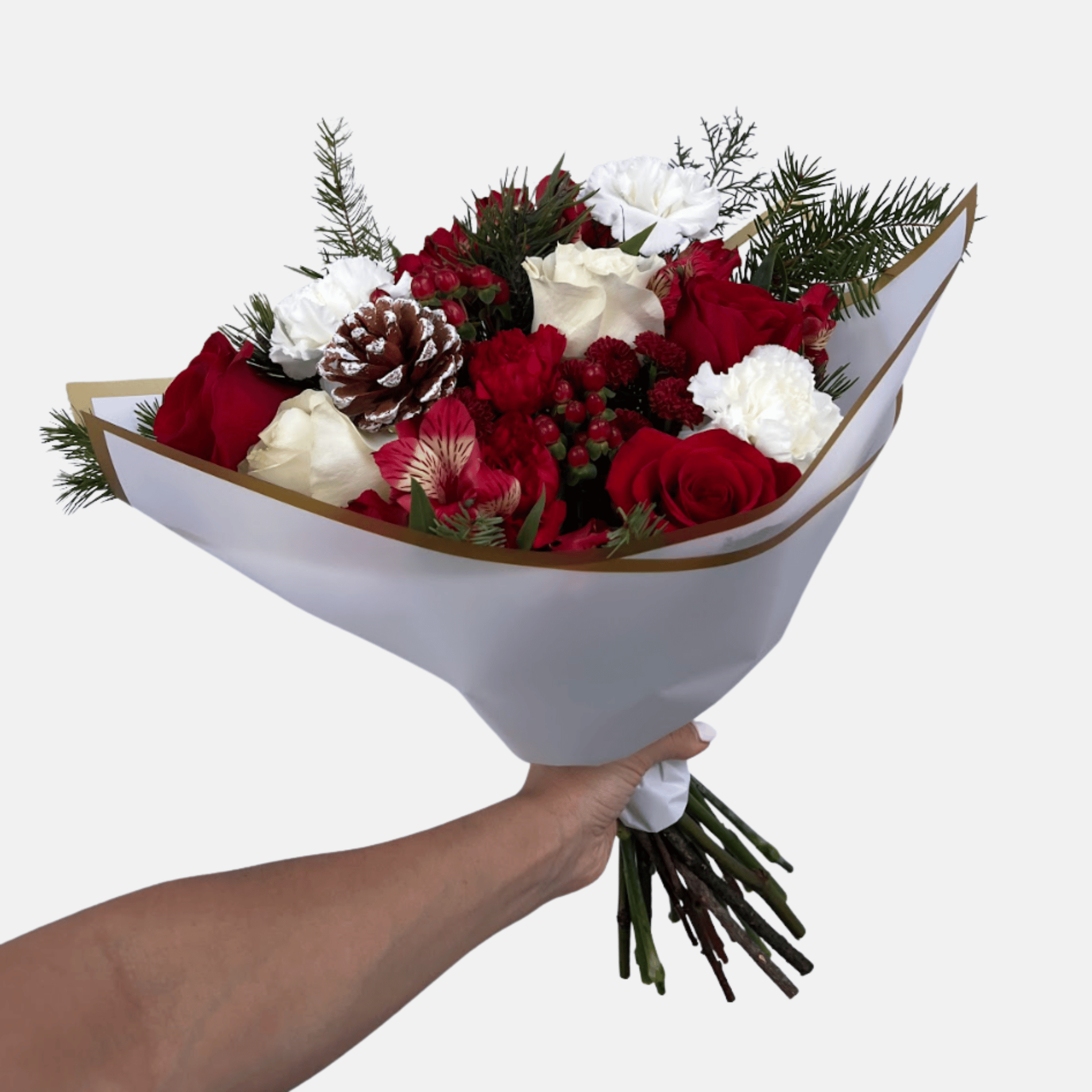 Holiday Mixed Flowers Bouquet - Candy Cane in White Luxury Paper
