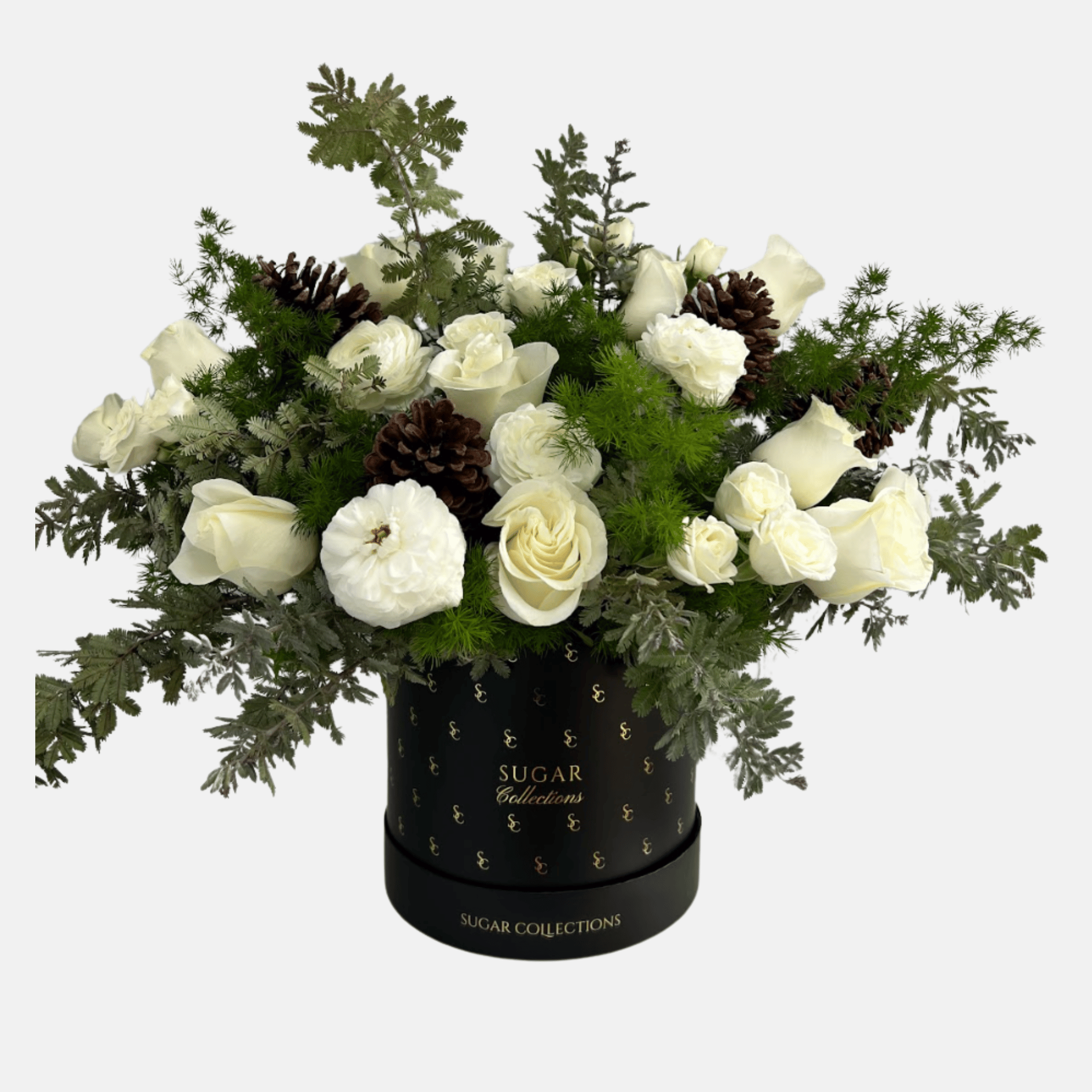 Holiday Mixed Flowers Round Box - Winter White Christmas