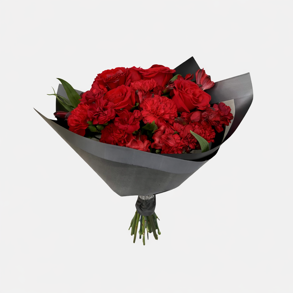 Women's day Mixed Flowers Bouquet - Classic Red in Black Paper