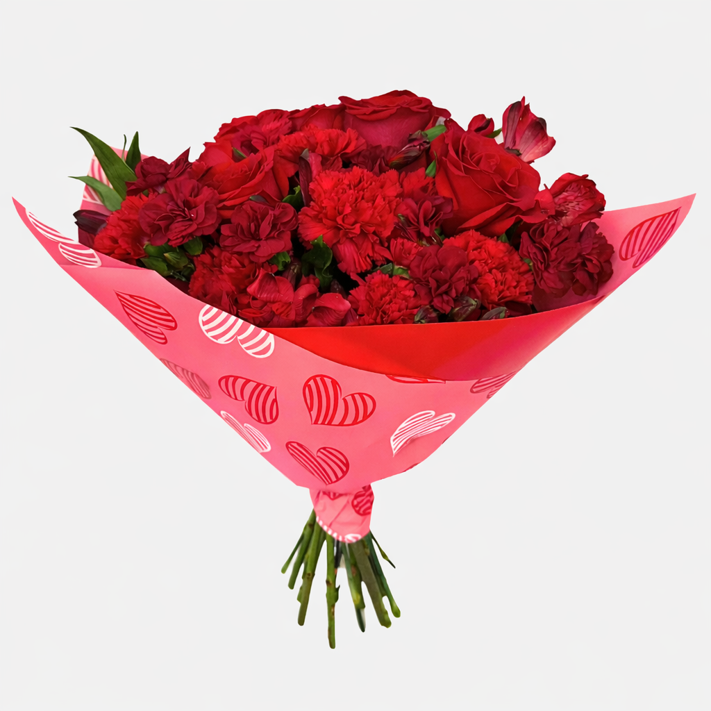 Women's day Mixed Flowers Bouquet - Classic Red in Passion Heart Paper