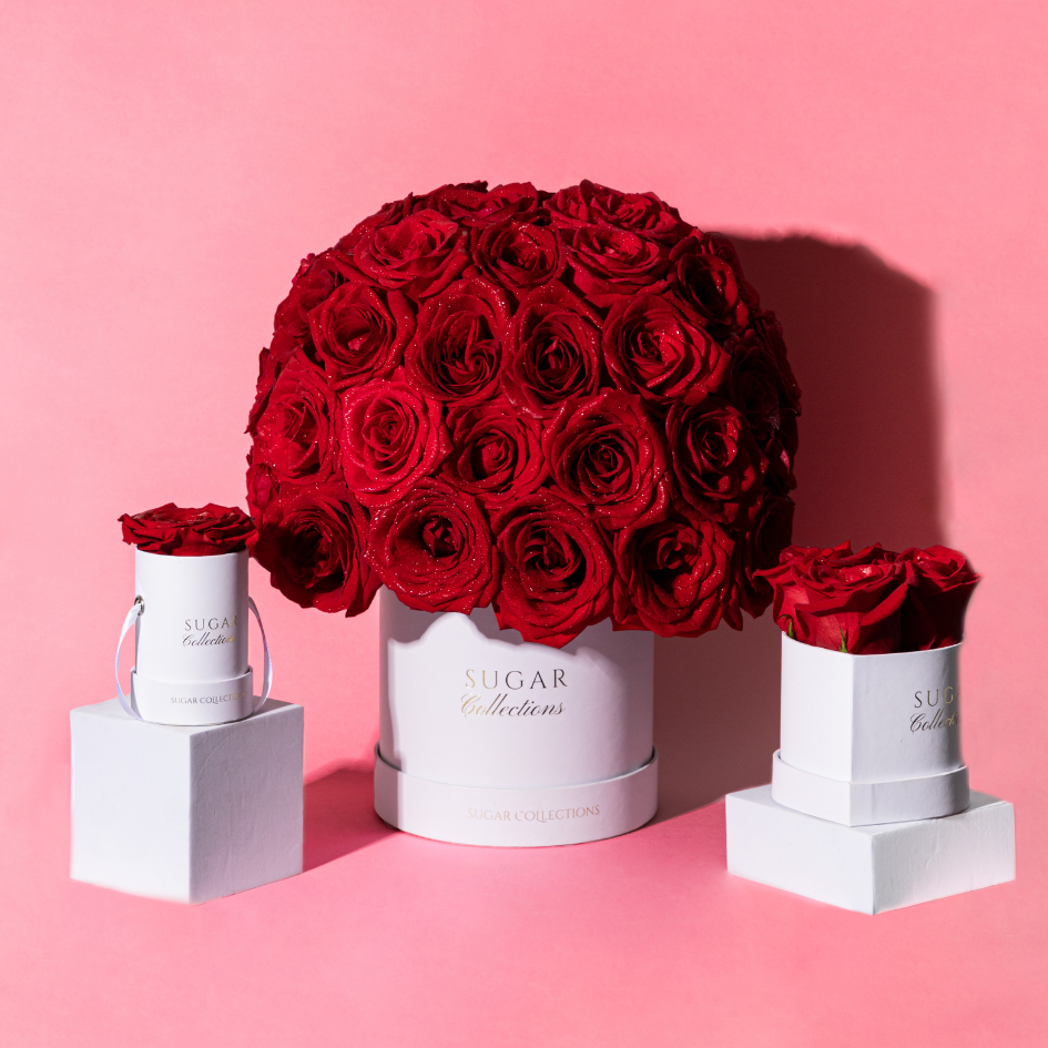 White luxury box with fresh roses